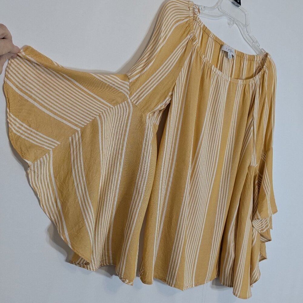FEVER Yellow Gold w White Stripes Boho Peasant 3/4 Sleeve Pullover Top; Size S